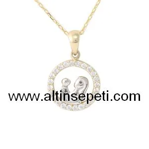 Zirkon taşlı halka içinde beyaz altın anne ve bebek figürlü iki renkli altın kolye
