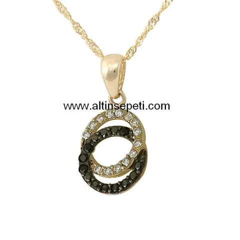 Siyah ve beyaz zirkon taşlı, iç içe geçmiş iki oval halkalı altın kolye