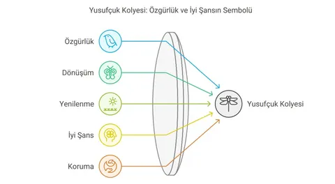Yusufçuk kolyenin özgürlük, dönüşüm, yenilenme, iyi şans ve koruma anlamlarını gösteren şema