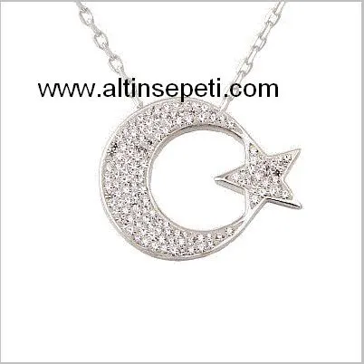 Hilal ve beş köşeli yıldızı zirkon taşlarla kaplı 925 ayar gümüş ay yıldız kolye